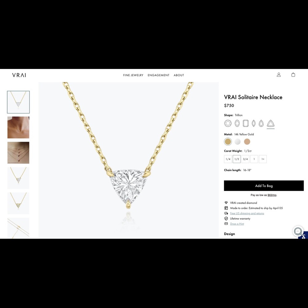 Vrai Trillion 0.5ct Solitaire Necklace